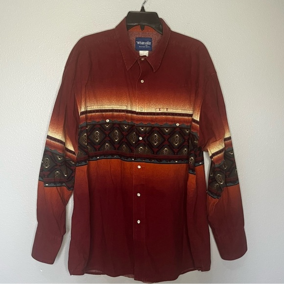 Vintage Wrangler Pearl Snap Western Aztec Long Sleeve Shirt XXL Rust Orange Blue - Picture 1 of 7
